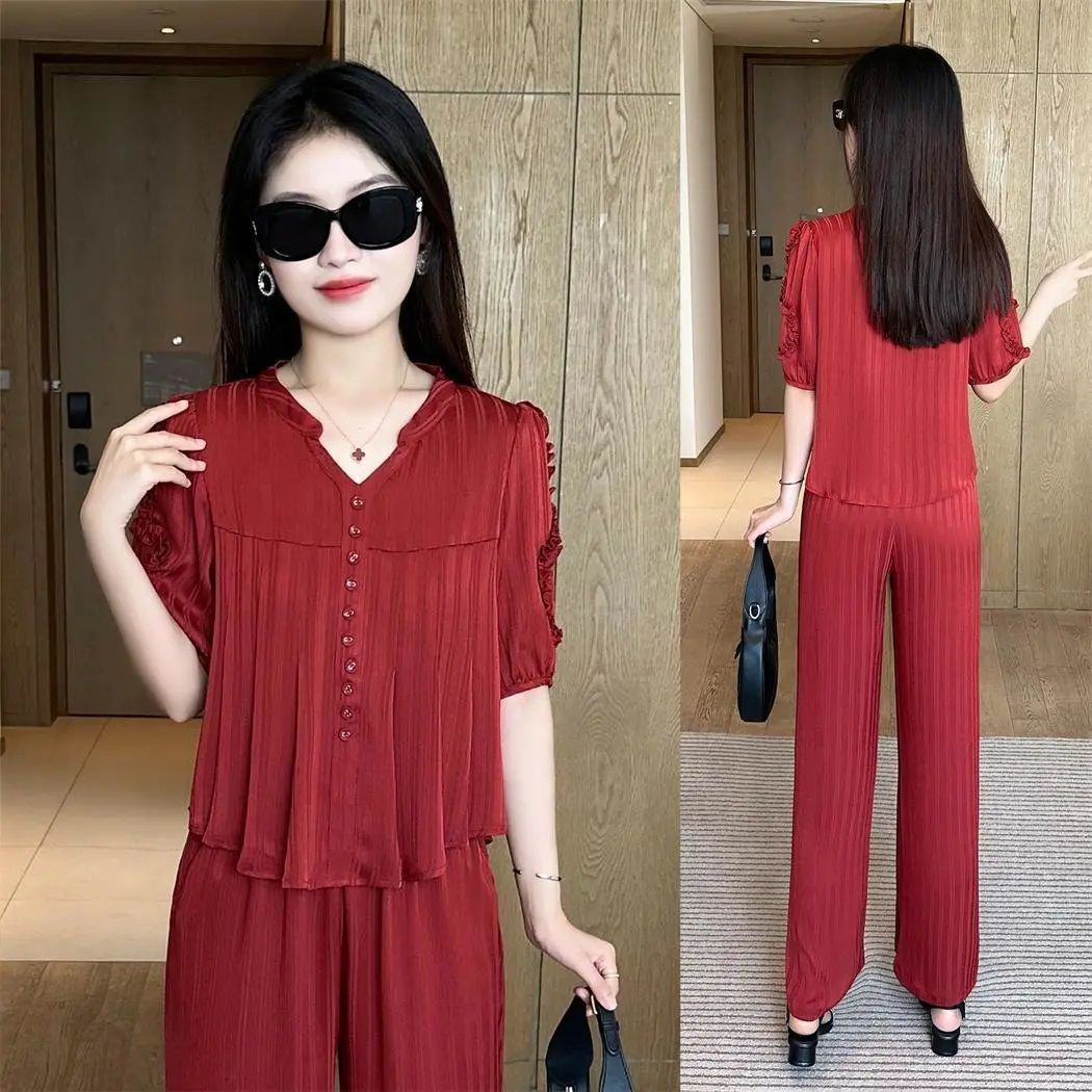 💥🔥【Top + pantaloni】【Cumpără 1 primești 1 gratis】【40-80kg】2025 Noua modă leisure Ice Silk Suit Costum din două piese pentru femei
