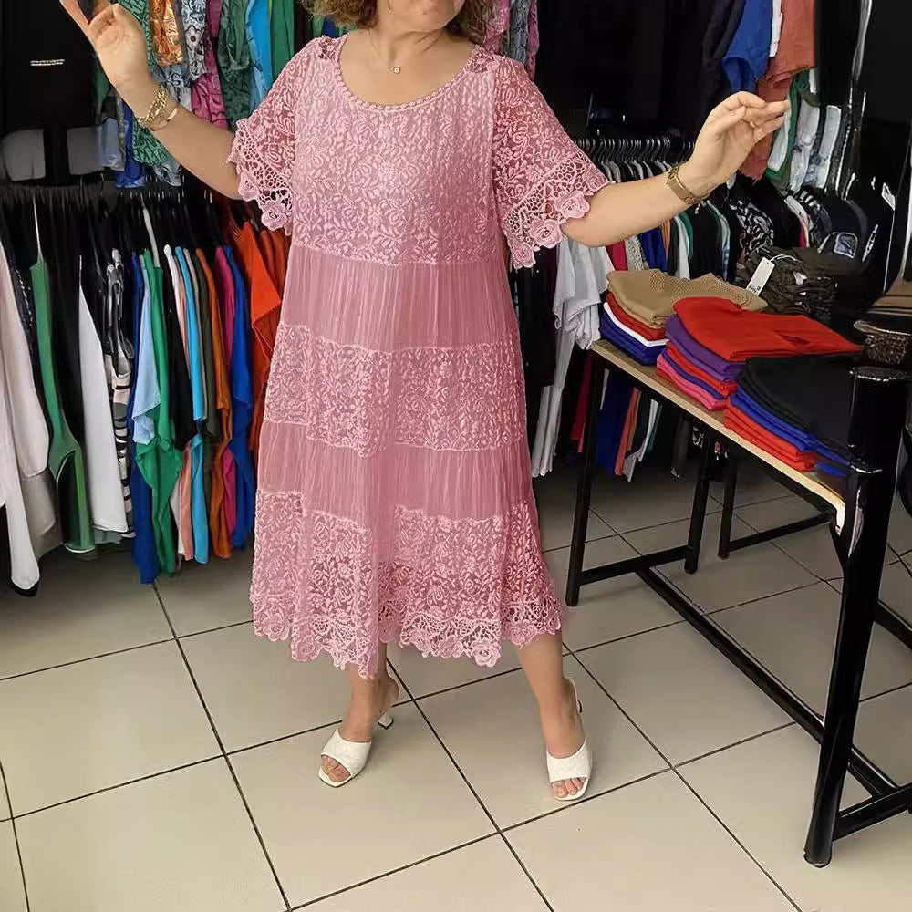 🔥【50% ZĽAVA】✨✨✨【S-5XL】2026Nové šaty s krátkym rukávom, okrúhlym výstrihom a čipkou.