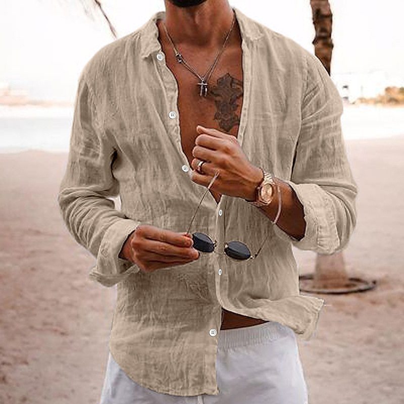 👔💖[Reducere 50%] [S-5XL] Cămașă bărbătească cu rever și nasturi, bumbac și in