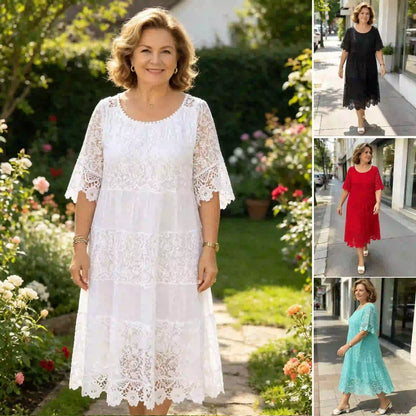 🔥【50% ZĽAVA】✨✨✨【S-5XL】2026Nové šaty s krátkym rukávom, okrúhlym výstrihom a čipkou.