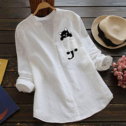 ✨🌿【Nou de primăvară🔥】【S-3XL】 Cămașă din bumbac cu decolteu în V, cu mânecă lungă, cu imprimeu de pisici, noua modă de primăvară 2025
