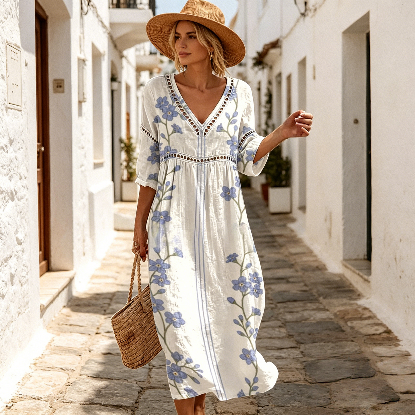 👗【S-3XL】Vestido largo de algodón y lino con estampado floral, estilo veraniego, escote en V