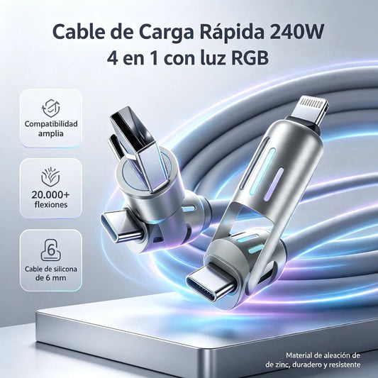 🔥 【2 unidades por 26 euros】 🔥 (2 metros de largo) Cable 4 en 1 PD 240 W – Carga rápida USB‑C, Lightning y USB‑A, aluminio y silicona, sincronización de datos ⚡📱