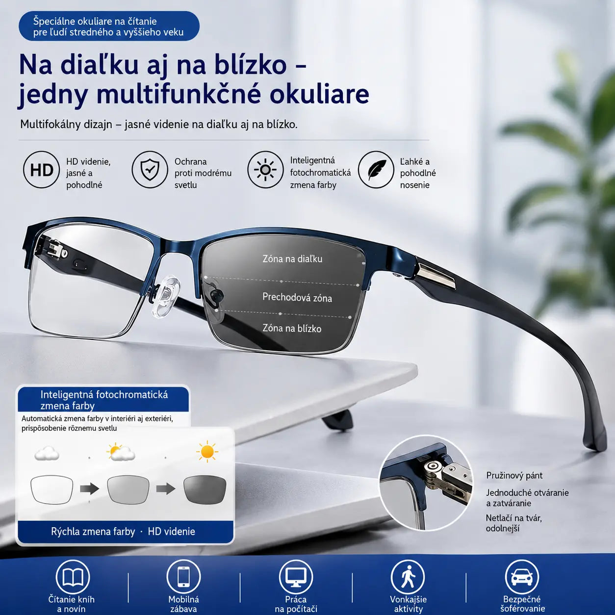 Nové polobezrámové okuliare na čítanie pre ľudí stredného a staršieho veku s funkciou zoomu, multifokálnej, fotosenzitívnej, fotochromatickej funkcie a funkcie blokovania modrého svetla.