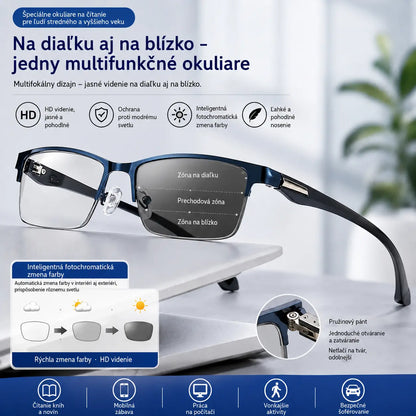 Nové polobezrámové okuliare na čítanie pre ľudí stredného a staršieho veku s funkciou zoomu, multifokálnej, fotosenzitívnej, fotochromatickej funkcie a funkcie blokovania modrého svetla.