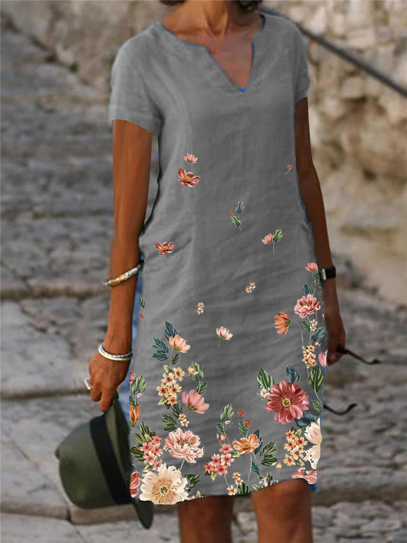 [Reducere 50%] [S-3XL] 🌺🦋2025 Rochie cu mânecă scurtă, decolteu în V, imprimeu floral și fluturi