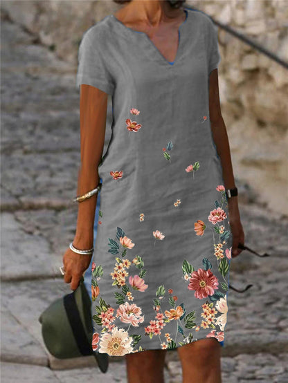 [Reducere 50%] [S-3XL] 🌺🦋2025 Rochie cu mânecă scurtă, decolteu în V, imprimeu floral și fluturi