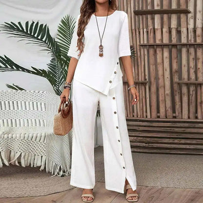 💐【S-5XL】Novi ženski dvodijelni set s nepravilnim rubom, elegantne, moderne, ležerne hlače na kopčanje, širokog kroja.