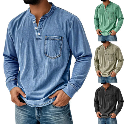 👔🔥【40-120 kg】Camisa vaquera para hombre de manga larga, cuello en V y bolsillo ✅️Pago contra entrega