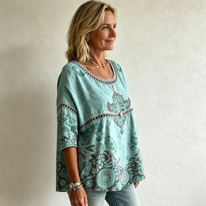 💖【S-5XL】 Exquisita blusa de manga corta con estampado de encaje calado y un estilo bohemio fluido.