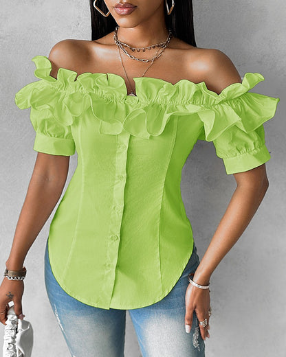 🔥【Reducere 50%】🔥【S-XXL】Bluză cu volane, fără umeri, elegantă, confortabilă și de bun gust, confortabilă și la modă