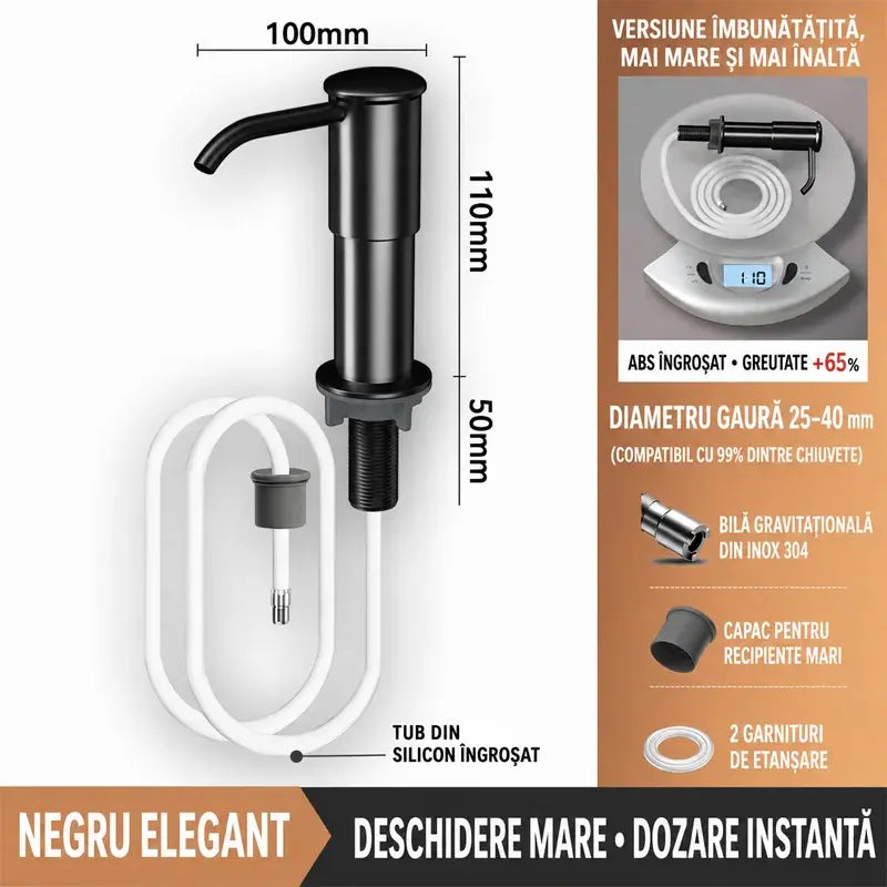 Ugradbeni dozator sapuna i deterdženta za sudoper, vrhunski nehrđajući čelik, s produžnom cijevi za izravno spajanje na bocu i gravitacijskom kuglicom (čelik 304), brzo pumpanje