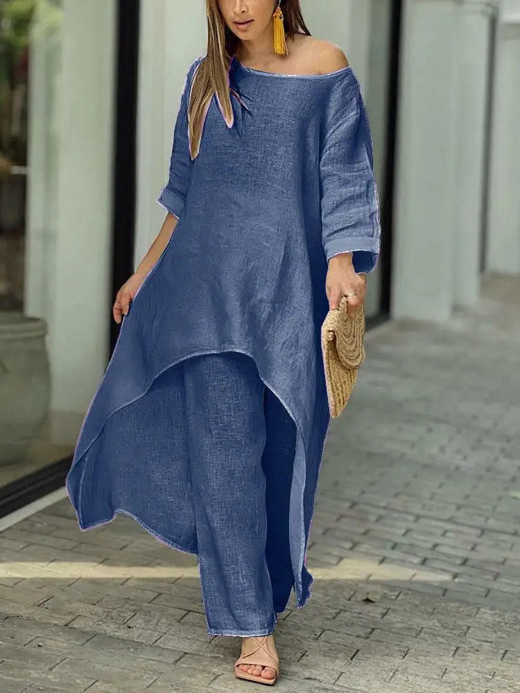 💕【S-5XL】Novi ženski pamučno-laneni modni ležerni komplet dugih rukava s hlačama širokih nogavica, plus veličine, nepravilnog dizajna (set od dva dijela)