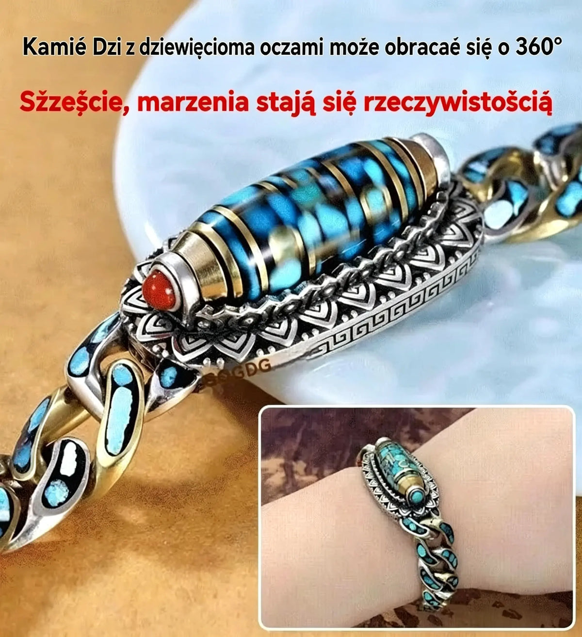 ✨ Bransoletka retro z sześciocyfrowym turkusem i mantrą ze srebra próby 925 z przenoszonymi koralikami