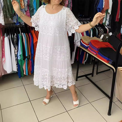 🔥【50% ZĽAVA】✨✨✨【S-5XL】2026Nové šaty s krátkym rukávom, okrúhlym výstrihom a čipkou.