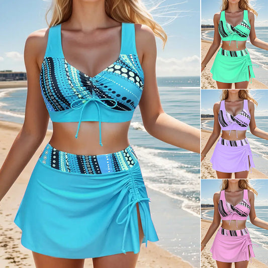 🩱👙【S-2XL】Costum de baie din două piese, confortabil, cu funde imprimate, costum de baie la modă pentru plajă