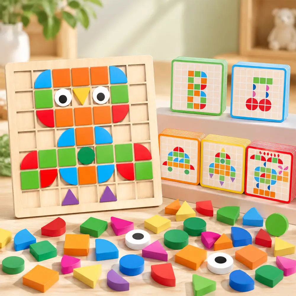 🧩 Drewniane puzzle dla dzieci, edukacyjna zabawka 3D, 120 elementów z kartami wzorów – ćwiczy logiczne myślenie i rozpoznawanie kształtów 🎨
