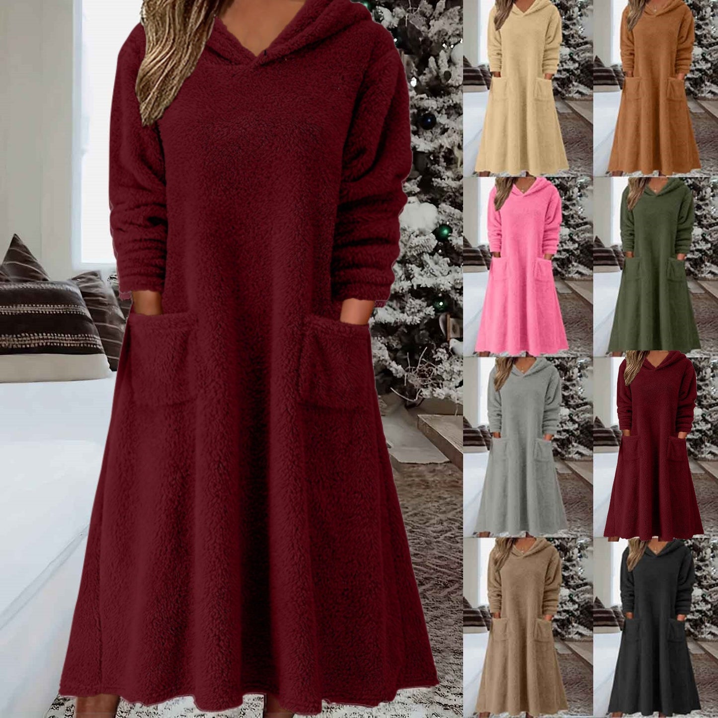 💥【S-3XL】Dámské volné ležérní fleecové šaty s kapucí a dlouhým rukávem, nové z roku 2025