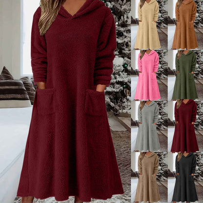 💥【S-3XL】Dámské volné ležérní fleecové šaty s kapucí a dlouhým rukávem, nové z roku 2025