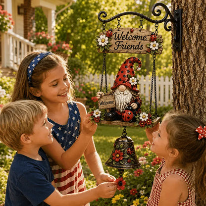 Campana de bienvenida con gnomo de jardín, placa de "Bienvenido", campana de bronce retro, soporte de pared de hierro, decoración para patio y jardín.