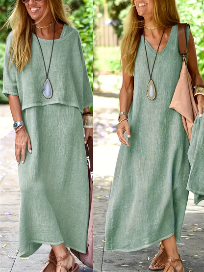 👗【49% popusta】Ženski elegantni dvodijelni set haljina od pamuka i lana u jednoj boji, okrugli izrez + ležerna široka maxi suknja za plažu