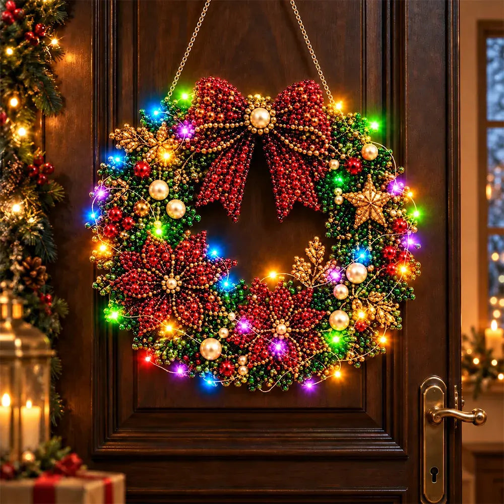 🎄 Świąteczna korona DIY z diamentami, perłami i światłami LED! Wytrzymała płyta akrylowa・9 świątecznych wzorów・Idealna dekoracja drzwi, ścian i okien