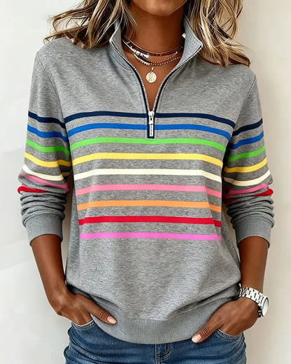🔥✨【Talla S-5XL】😀👉Sudadera elegante con cuello a rayas arcoíris y cremallera