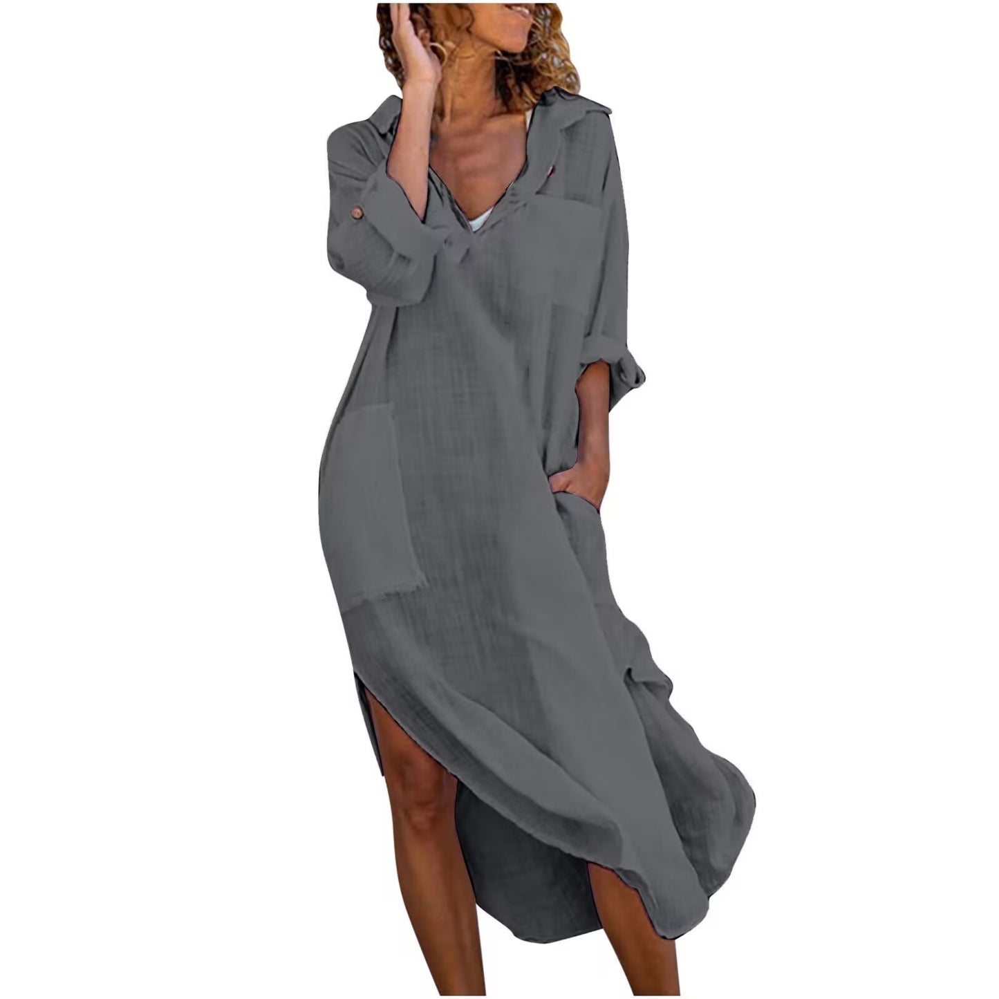🔥【Rabat 50%】✨【S-2XL】Długa koszulowa sukienka damska z bawełny i lnu