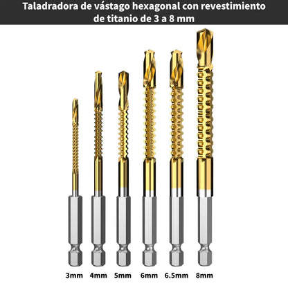 🛠️🔧(6 piezas)Broca helicoidal de acero de alta velocidad con revestimiento de titanio 2 en 1 – Vástago hexagonal, adecuada para taladrar y ranurar madera y metal🔩