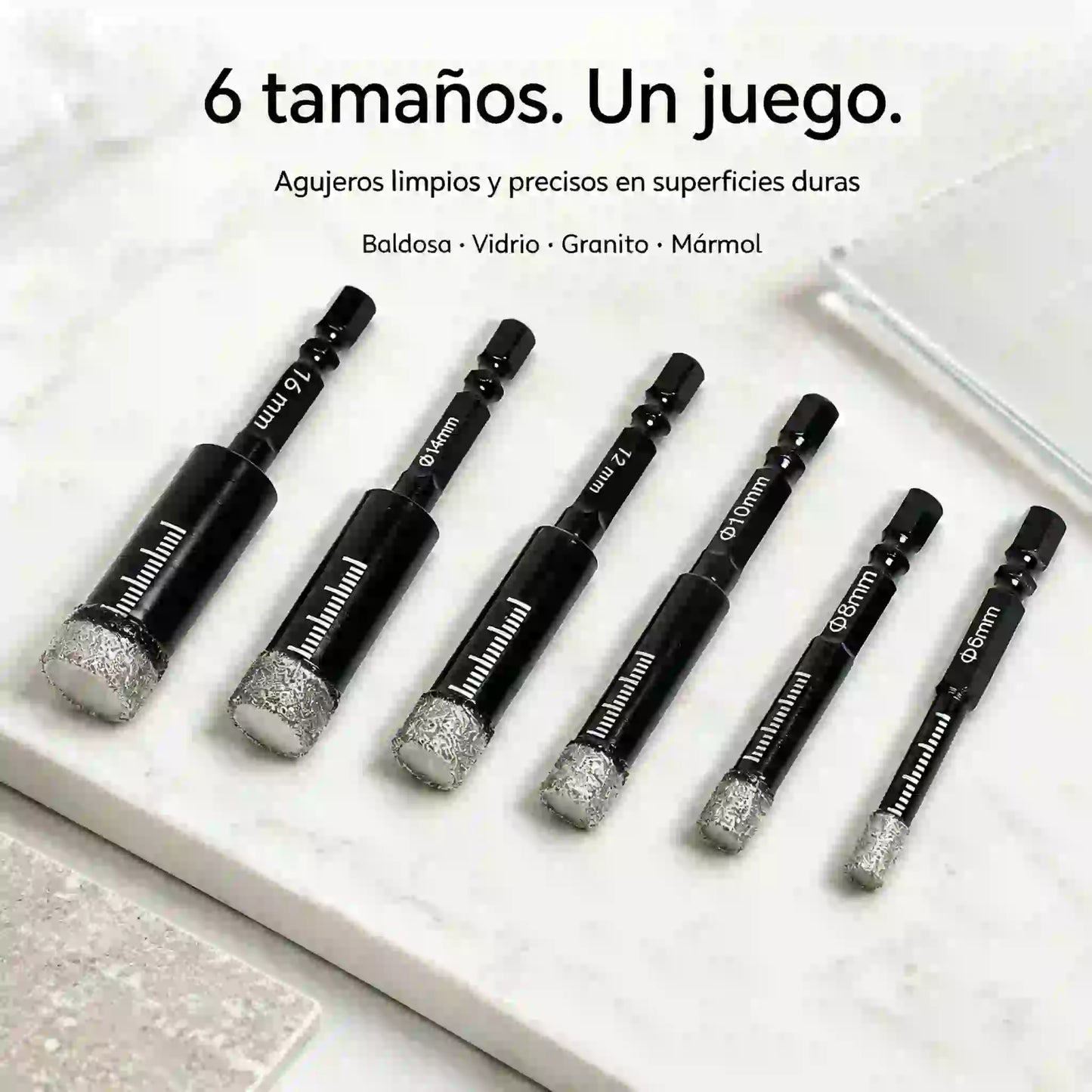【Cabezal pulido negro de 6/8/10/12/14/16 mm】1 juego por 27 € 🔩 Juego de 6 brocas de diamante para perforaciones precisas en azulejos, cerámica y vidrio.