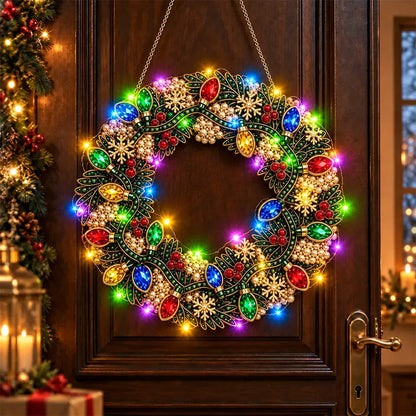 🎄 Świąteczna korona DIY z diamentami, perłami i światłami LED! Wytrzymała płyta akrylowa・9 świątecznych wzorów・Idealna dekoracja drzwi, ścian i okien