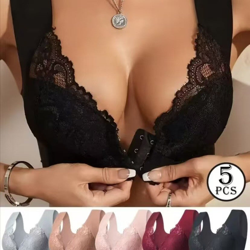 💖Najniža cijena za ograničeno vrijeme【Set od 5 dijelova】【40-100 kg】😍Plus size push-up grudnjak s prekrasnim čipkastim kopčanjem na stražnjoj i prednjoj strani