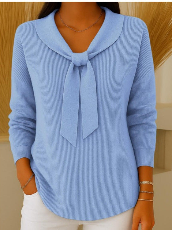 🎀【S~5XL】Ženski jednobojni pulover s dugim rukavima i kravatom, ležeran i širok