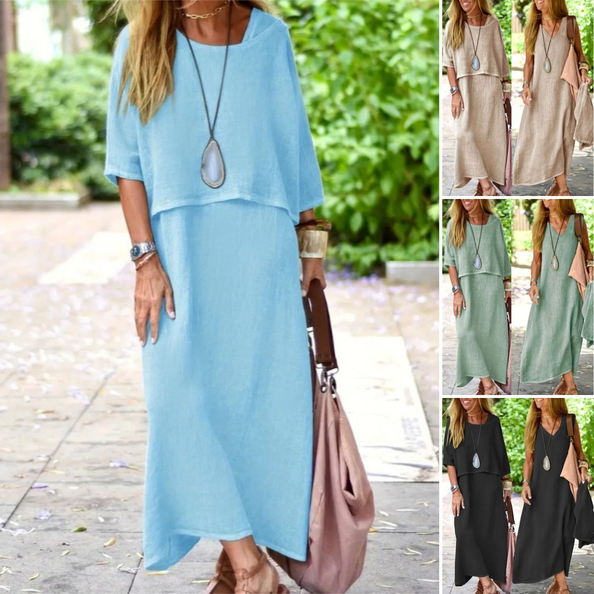 👗【49% popusta】Ženski elegantni dvodijelni set haljina od pamuka i lana u jednoj boji, okrugli izrez + ležerna široka maxi suknja za plažu