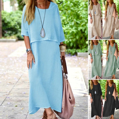 👗【49% popusta】Ženski elegantni dvodijelni set haljina od pamuka i lana u jednoj boji, okrugli izrez + ležerna široka maxi suknja za plažu