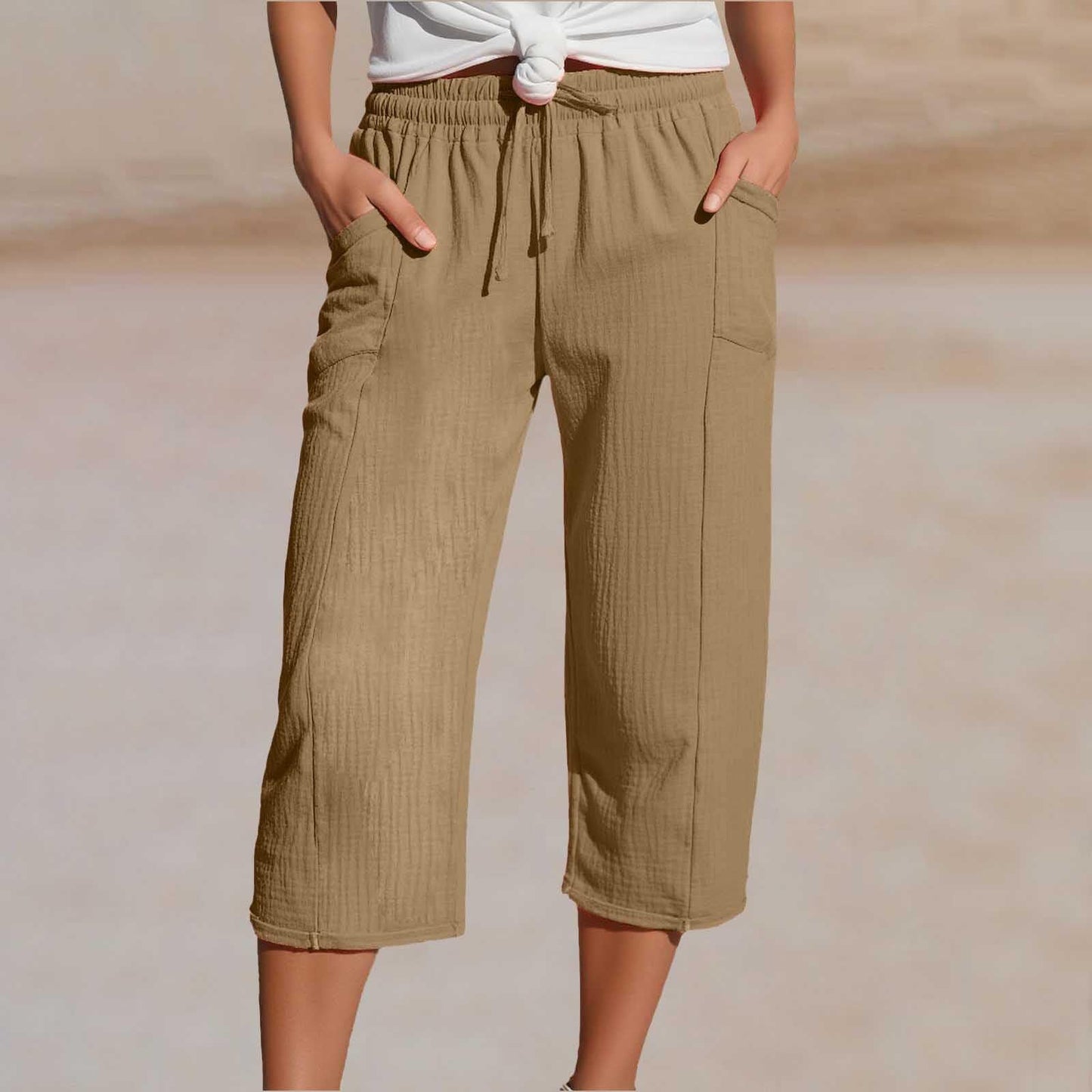 💖【40KG-100KG】👖👖Ženske jednobojne plisirane capri hlače od pamuka i lana - hladne i prozračne, laskaju obliku nogu, elegantne i ležerne