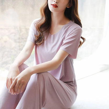 ❤️【Zľava 50%】❤️Nová pohodlná dvojdielna súprava na domáce nosenie: top s krátkym rukávom + nohavice so širokými nohavicami