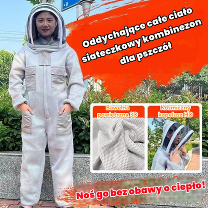 🐝 Jednoczęściowy kombinezon ochronny z siatki bawełnianej 3D skutecznie chroni przed użądleniami pszczół.