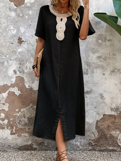 [S-3XL] Rochie nouă de vară, brodata, cu gât rotund, din bumbac și in, la modă și elegantă, confortabilă și respirabilă