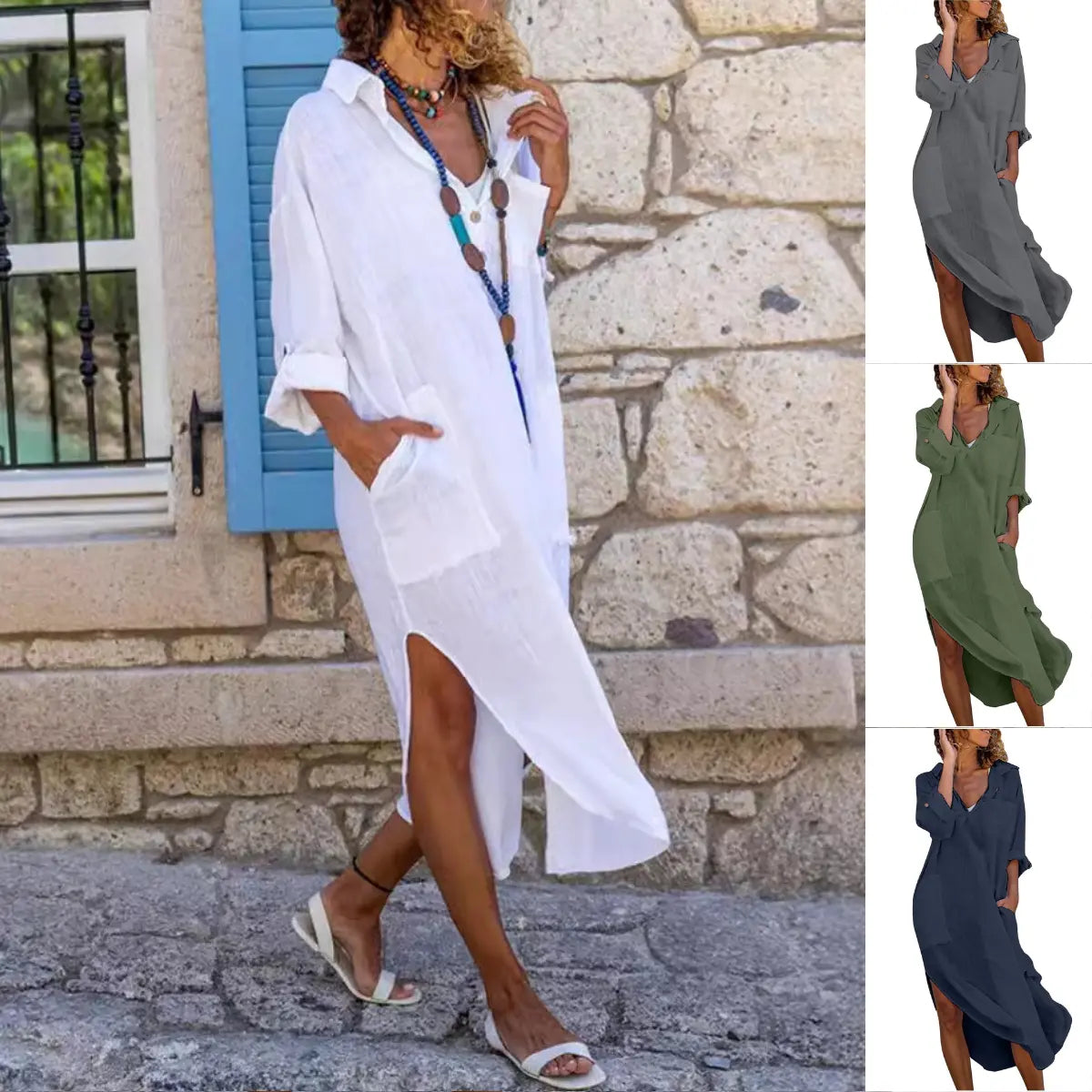 🔥【Rabat 50%】✨【S-2XL】Długa koszulowa sukienka damska z bawełny i lnu