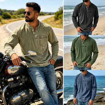 👔🔥【40-120 kg】Camisa vaquera para hombre de manga larga, cuello en V y bolsillo ✅️Pago contra entrega