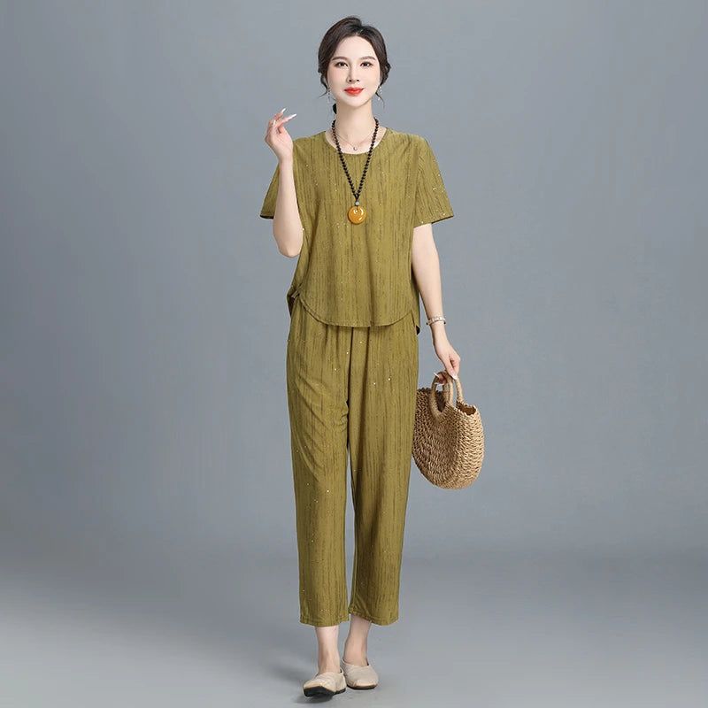 👚👖【XL-5XL】【Krótkie rękawy + spodnie】Damski casualowy garnitur diamentowy w dużych rozmiarach