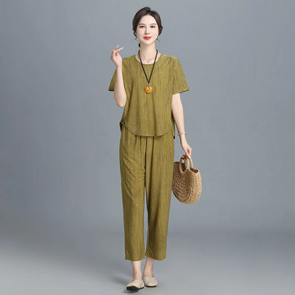 👚👖【XL-5XL】【Krótkie rękawy + spodnie】Damski casualowy garnitur diamentowy w dużych rozmiarach