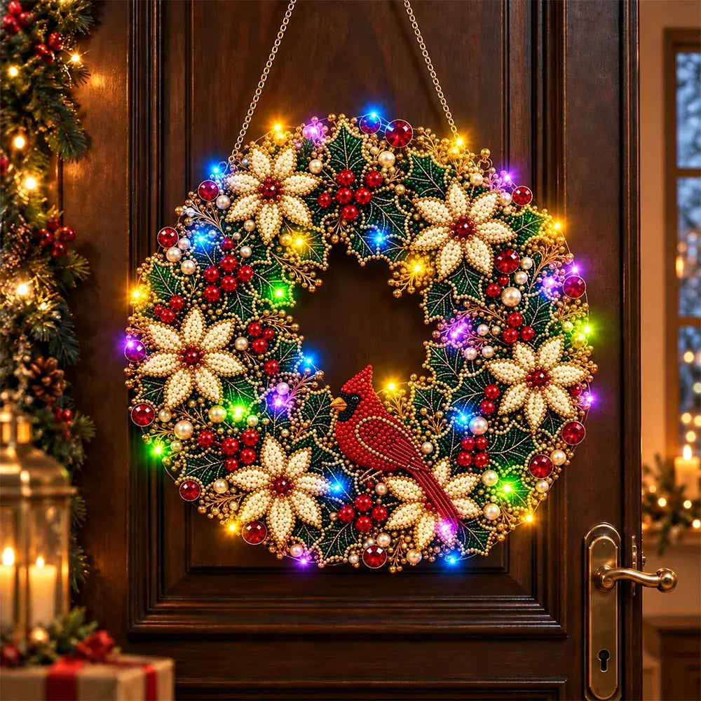 🎄 Świąteczna korona DIY z diamentami, perłami i światłami LED! Wytrzymała płyta akrylowa・9 świątecznych wzorów・Idealna dekoracja drzwi, ścian i okien