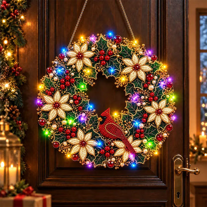 🎄 Świąteczna korona DIY z diamentami, perłami i światłami LED! Wytrzymała płyta akrylowa・9 świątecznych wzorów・Idealna dekoracja drzwi, ścian i okien