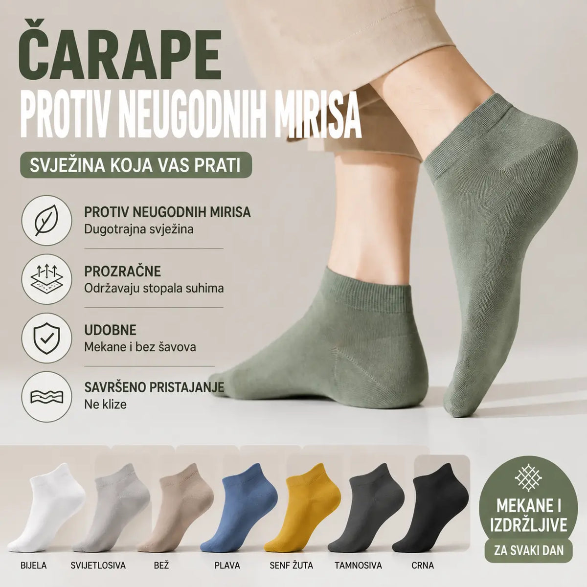 🧦【8 pari – 8 boja】Muške kratke pamučne čarape – tanke, prozračne i upijajuće; idealne za ljeto.