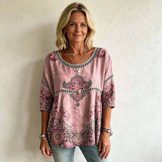 💖【S-5XL】 Exquisita blusa de manga corta con estampado de encaje calado y un estilo bohemio fluido.