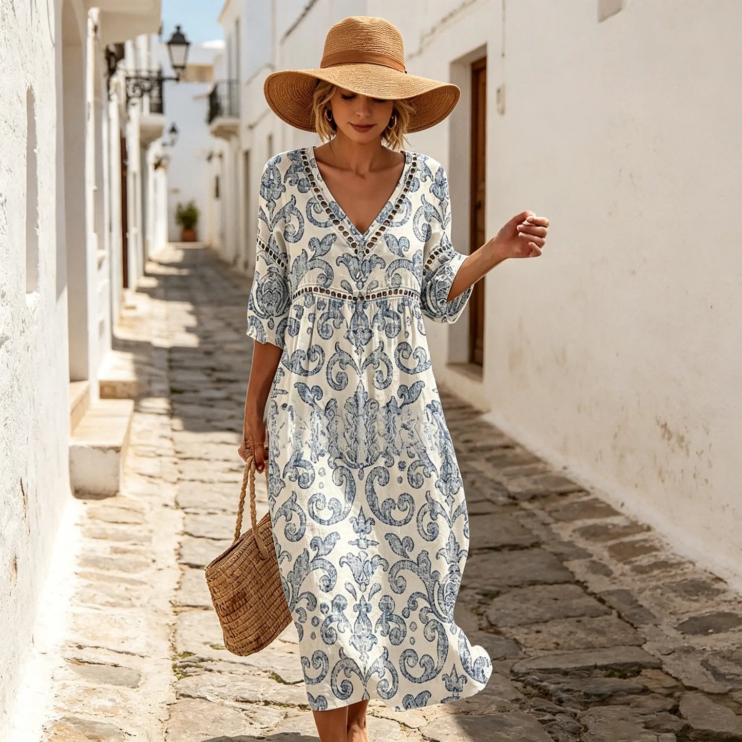 👗【S-3XL】Vestido largo de algodón y lino con estampado floral, estilo veraniego, escote en V
