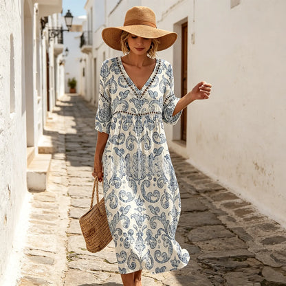 👗【S-3XL】Vestido largo de algodón y lino con estampado floral, estilo veraniego, escote en V