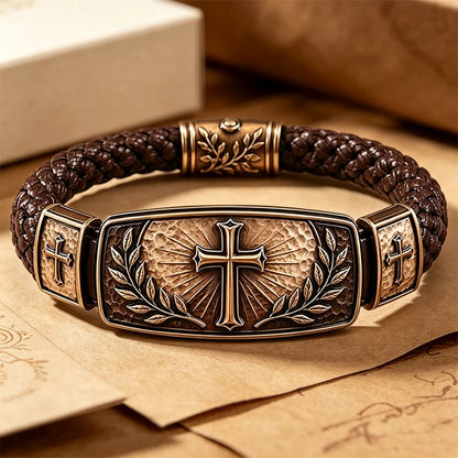 🎁Męska pleciona bransoletka skórzana z krzyżem i gałązką oliwną, vintage metal, wyjątkowy prezent